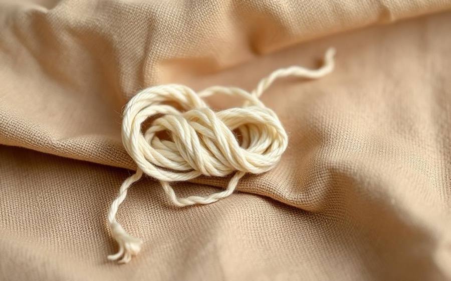 A tangled loop of soft thread on warm linen with one end pulled loose