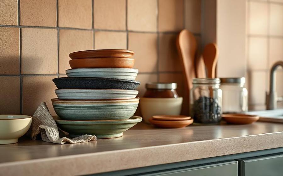 A kitchen counter at dusk with stacked bowls and one small clear space
