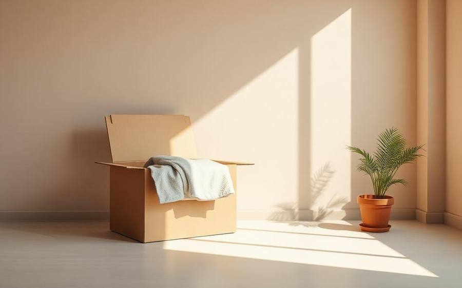 A half packed carton and folded cloth in an empty sunlit room beside a plant