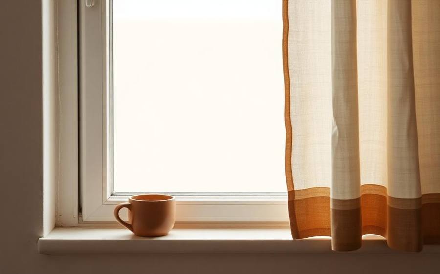 A mug left on a sunlit window ledge beside a half drawn curtain