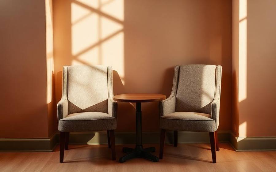 Two empty chairs at a small table in a warm room, turned slightly apart