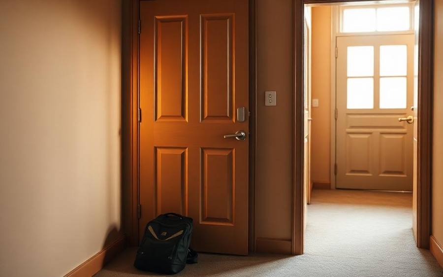 A closed bedroom door with light beneath it and a school bag in the hallway